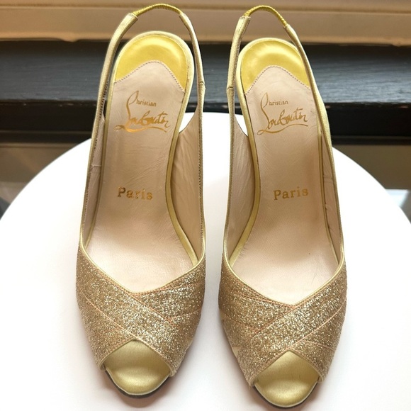 🌺CHRISTIAN LOUBOUTIN 🌺 Yellow Satin Glitter Accents Slingback pumps size: 37 - Picture 9 of 17